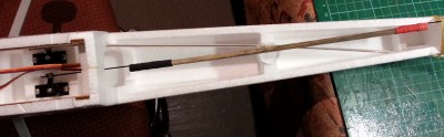 Rudder &amp; elevator servos. Wire push-rod (as per original HK detail) for elevator &amp; bamboo push-rod for rudder