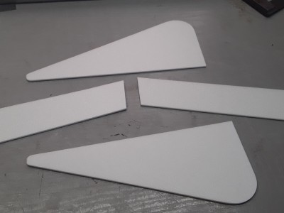 Tip fins are 220x110 3mm cut in half and shaped, elevons are 600x90 3mm Depron, cut to 40mm root 50mm tip.
