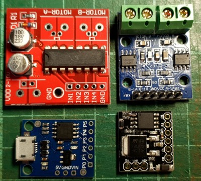The 2 x H-Bridge boards at the top, the 2 x ATtiny85 boards at the bottom.