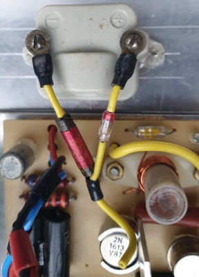 A close up of the RF meter(?) wiring. Appears to be a coil to &quot;extend&quot; the pickup rx length and a germanium diode (My old peepers can't read the # to identify) as a 1/2 wave rectifier?