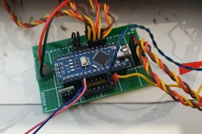 home made encoder on Perf-Board using Phil's 4.ch FHSS code. The 3.3v regulator is mounted but not connected.