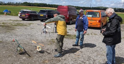 Shaun admiring one of Pete Christy's vintage helicopters