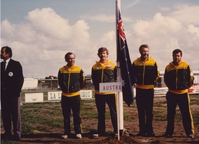 The Aussie Team - left to right - John Adams, me, Peter Pine &amp; Peter Cranfield (TM). On the very left is the 1st World Champion, Rudi Freudenthaler from Austria (must have been the suit!?!)