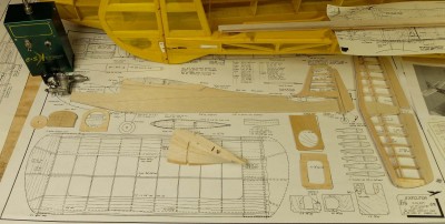 The project so far. <br />Fuse sides cut out, stab, elevator, fin &amp; rudder made<br />A few fuselage formers. You may notice that I changed some of the formers shapes to suit <br />more modern internal equipment.