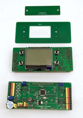 Encoder board, front and back, drilling/cutting template for the LCD and menu switches and the optional rf-module mounting plate